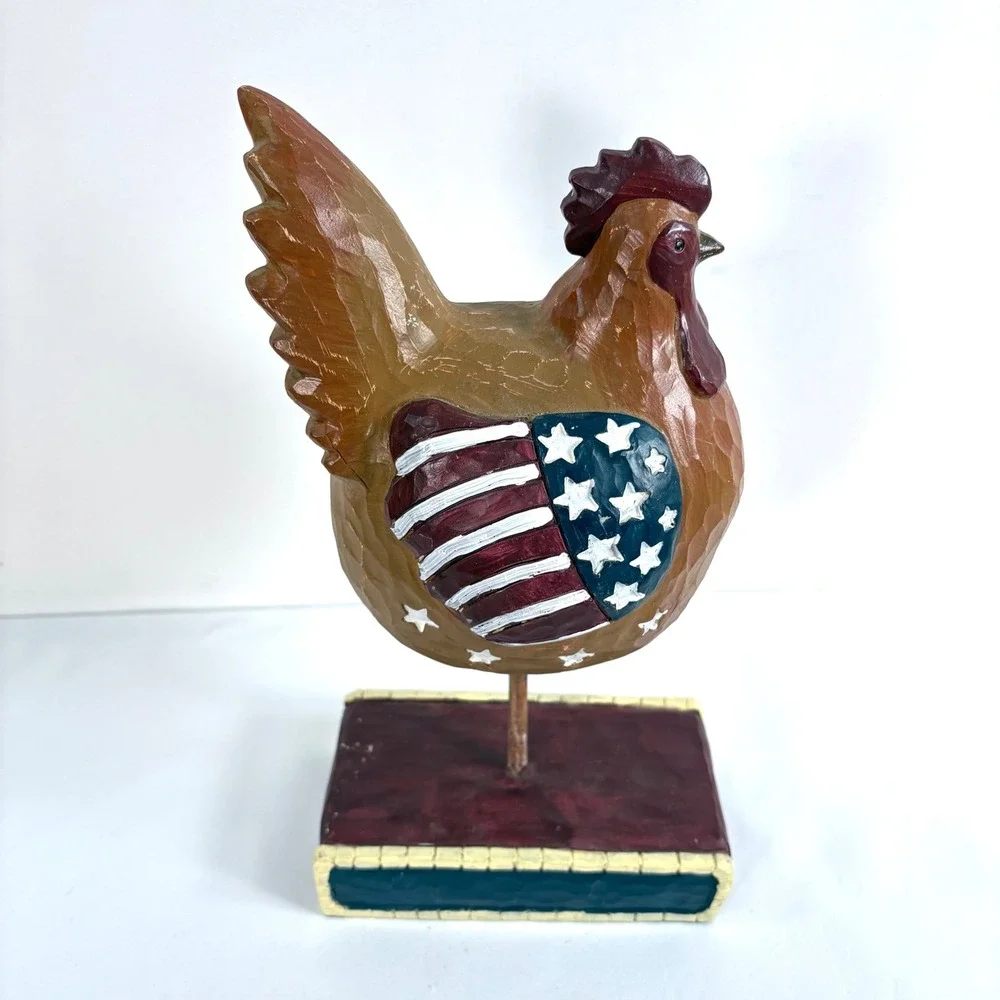 Carved Wood Rooster Figurine Brown Americana Old Glory‎ Patriotic Stars Stripes